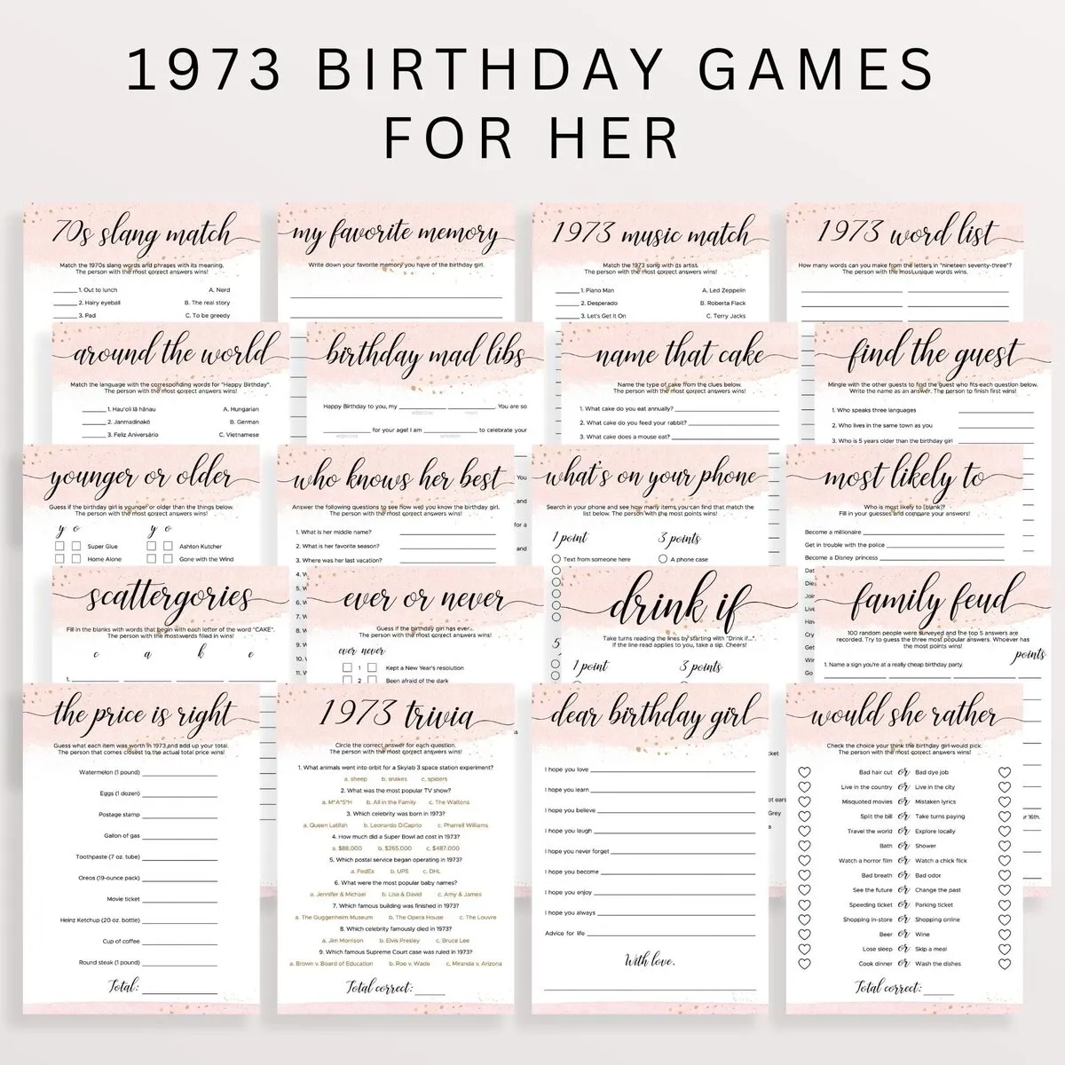 1973 Birthday Games Bundle Printable Pink and Gold