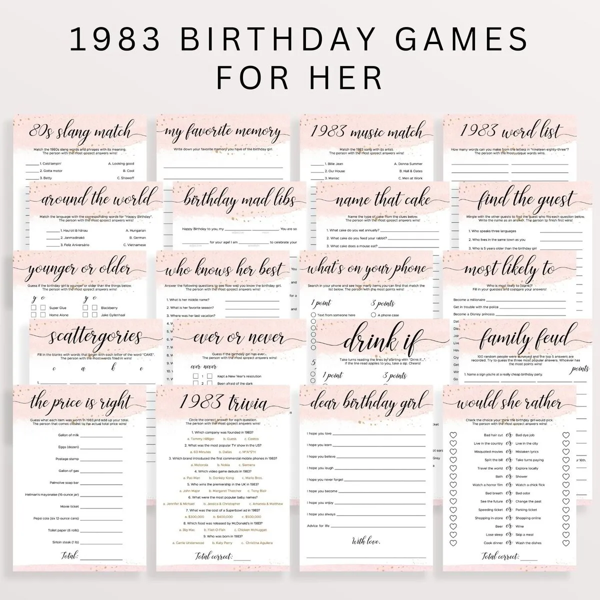 1983 Birthday Bash Activities Bundle Pink and Gold