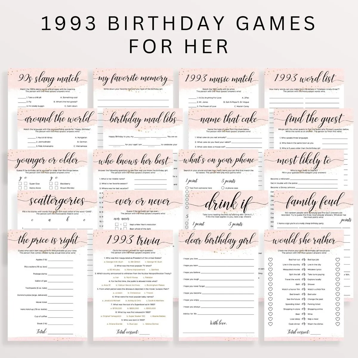 Blush and Gold Bday Party Games Pack for Her Born in 1993