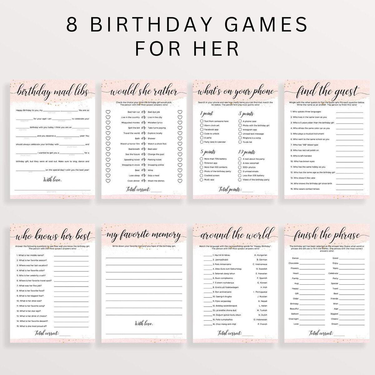 Womens Birthday Games Bundle Printable Minimalist Theme Womens Birthday Games Bundle Printable Minimalist Theme