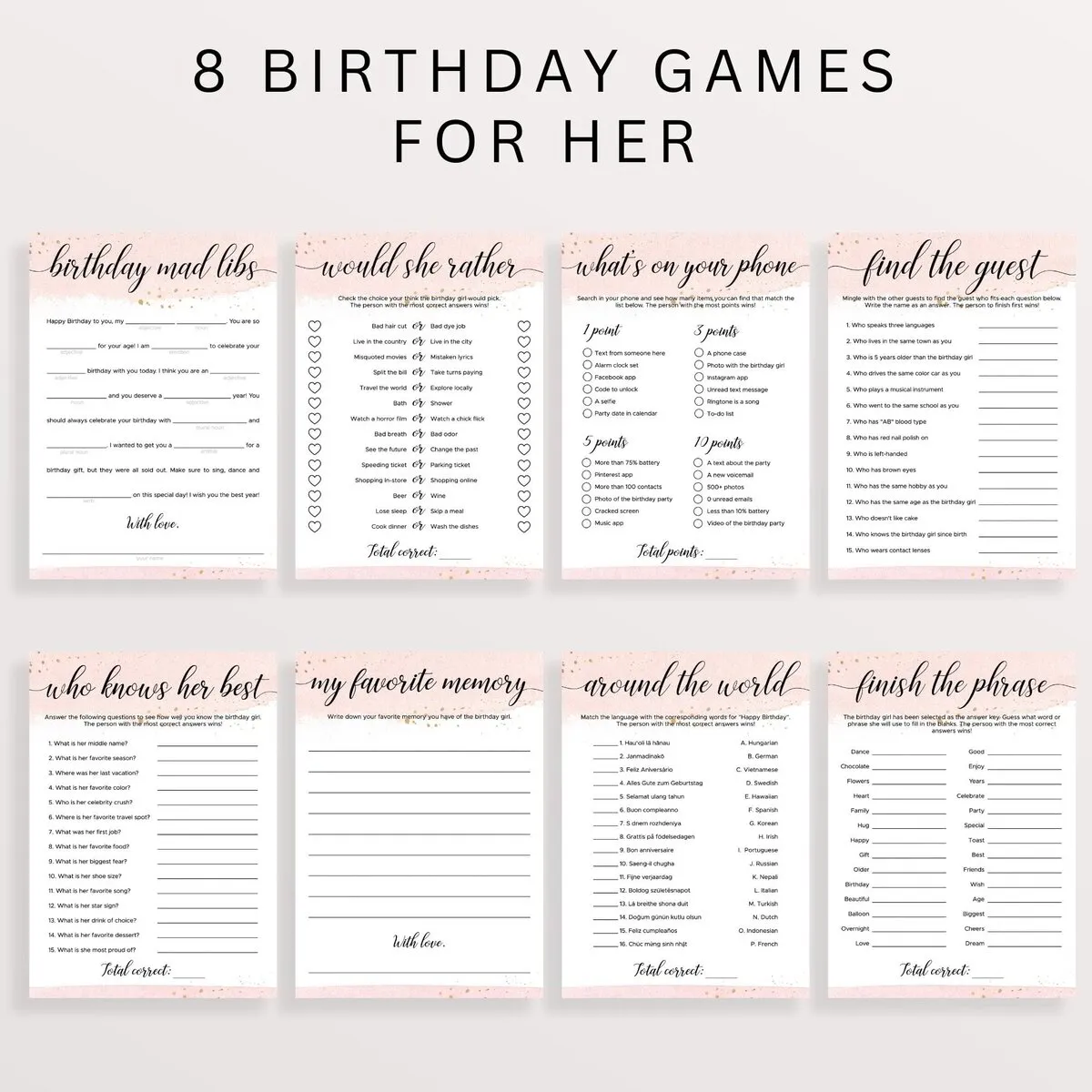 Festive Birthday Games Pack Printable for Girls Birthday Bash