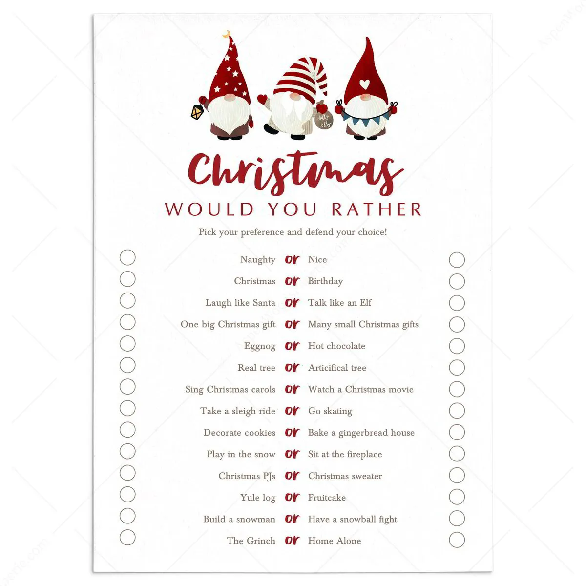 Would You Rather Christmas Questions Printable Game