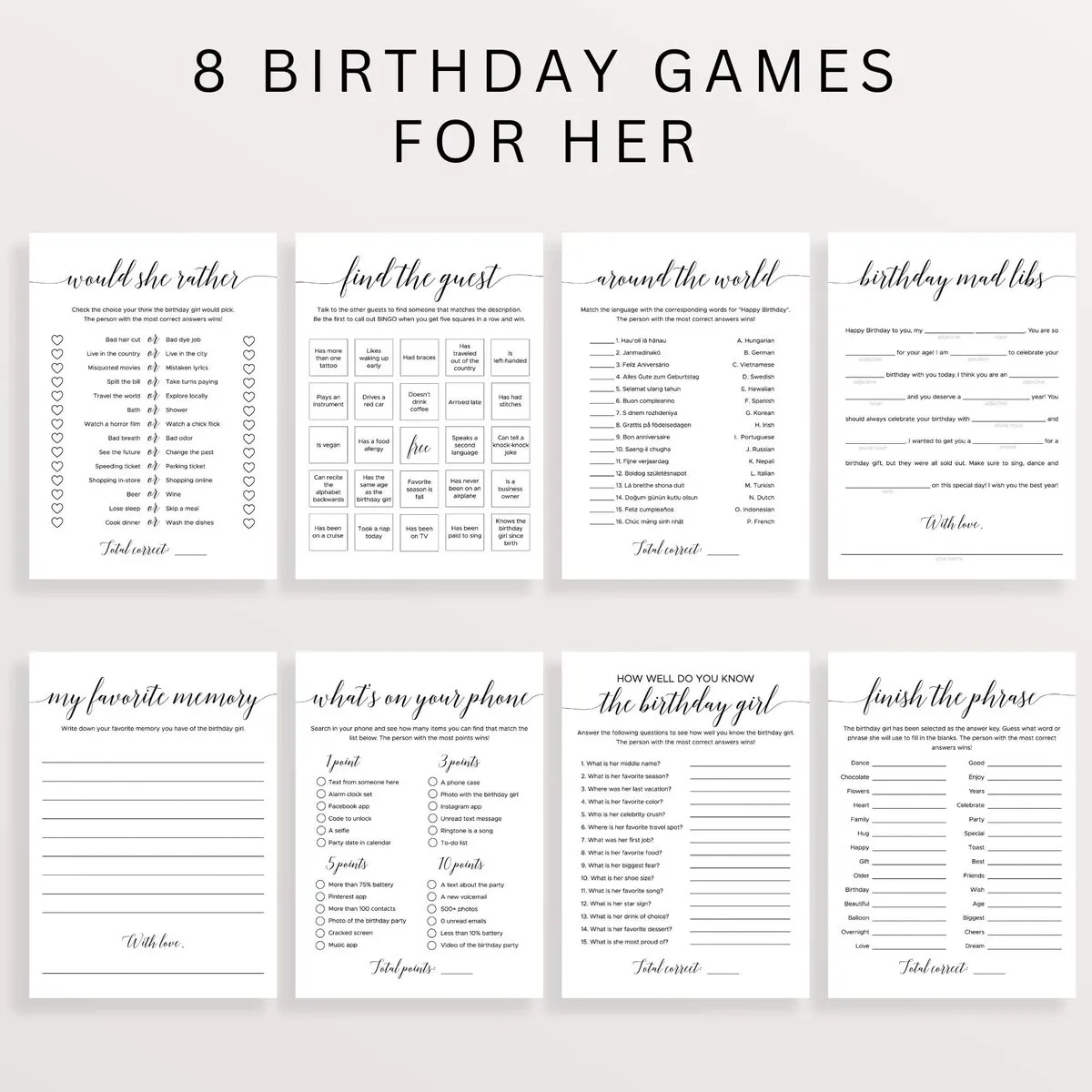 Editable Birthday Game Templates for Her | Printable Bundle