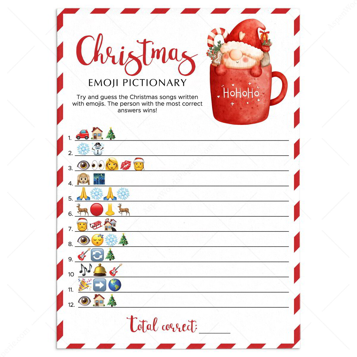 Watercolor Christmas Emoji Pictionary Game With Answers | Printable watercolor-christmas-emoji-pictionary-game-with-answers-printable