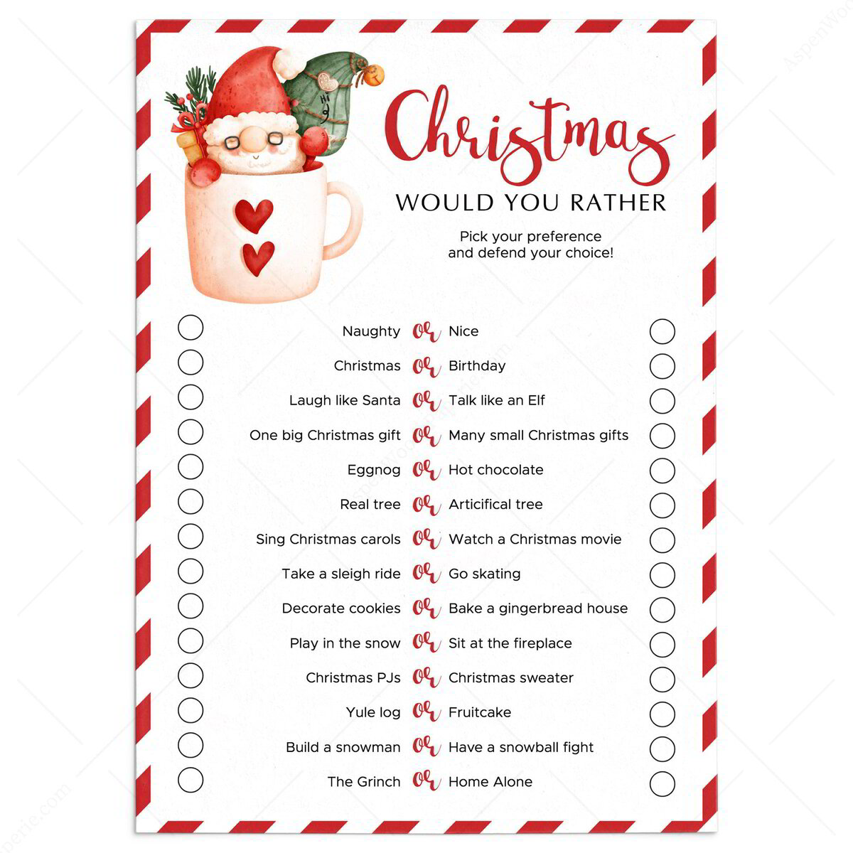 printable christmas would you rather questions card | christmas gnome