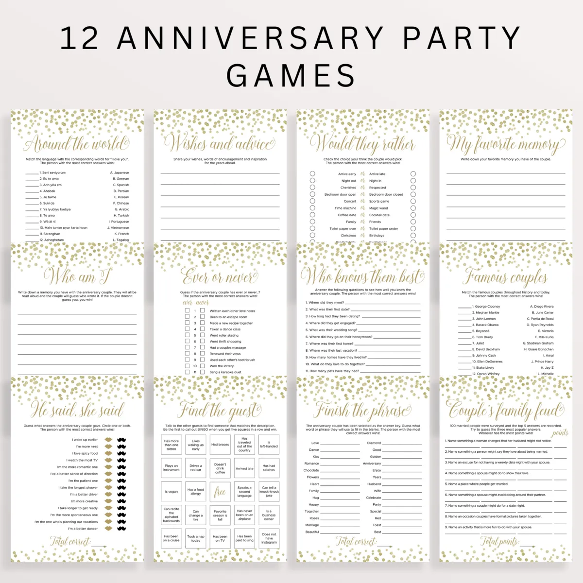 12 Wedding Anniversary Party Games Bundle Gold Confetti