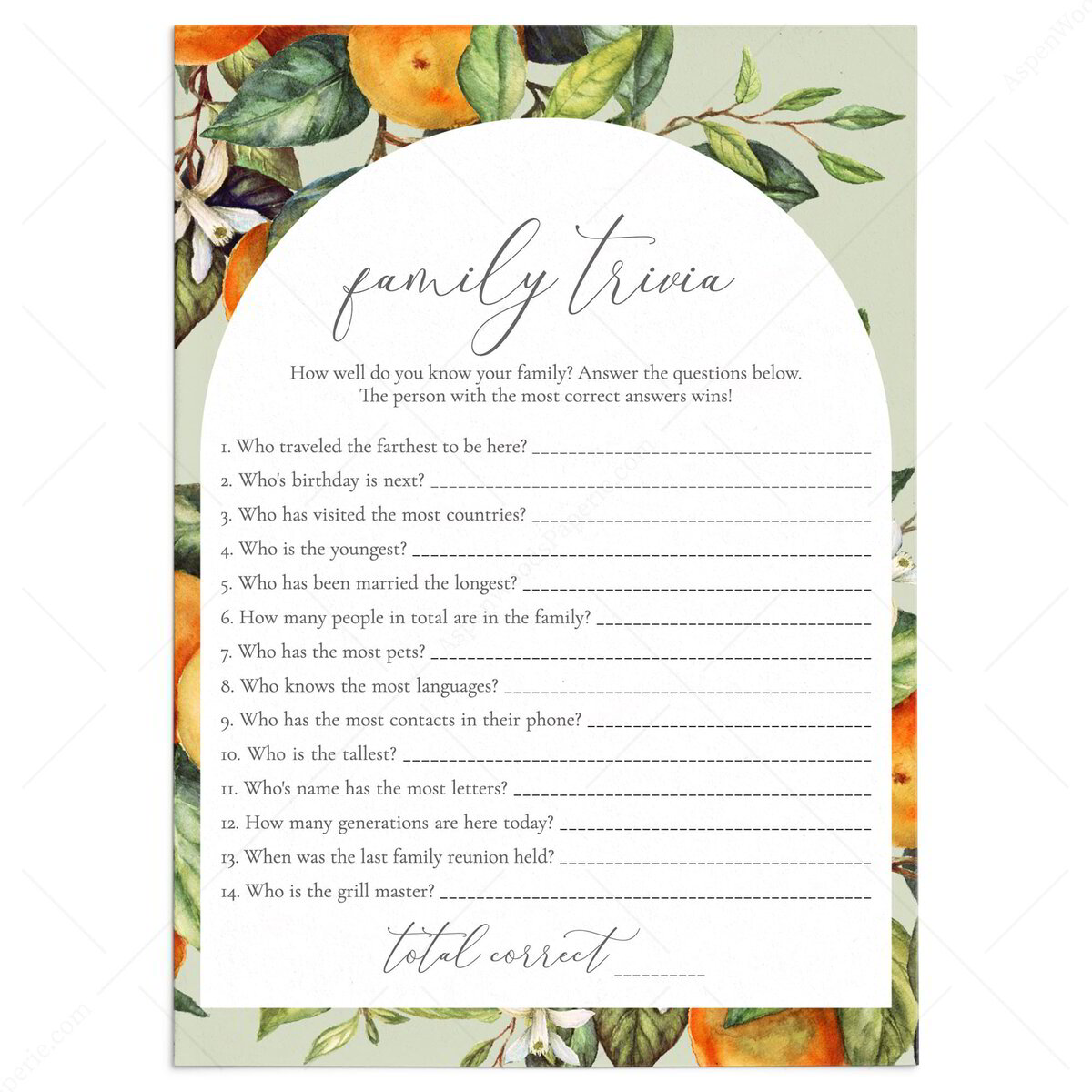 Greenery Family Trivia Quiz Questions Printable Citrus Theme