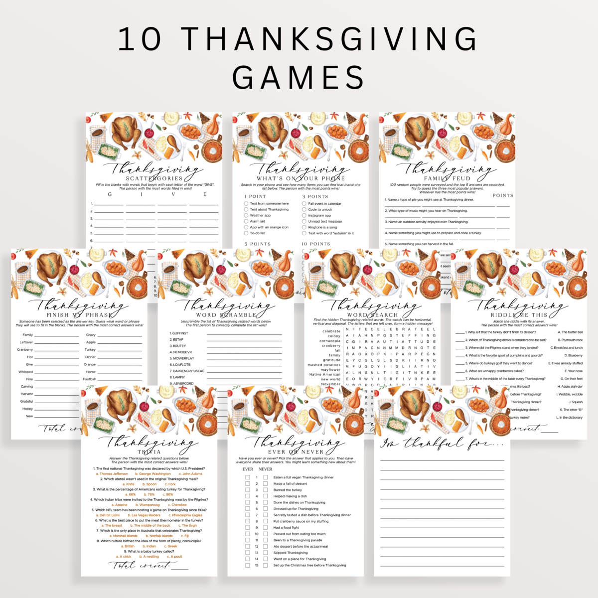 Editable Thanksgiving Family Games Pack | Dinner Party Game Ideas