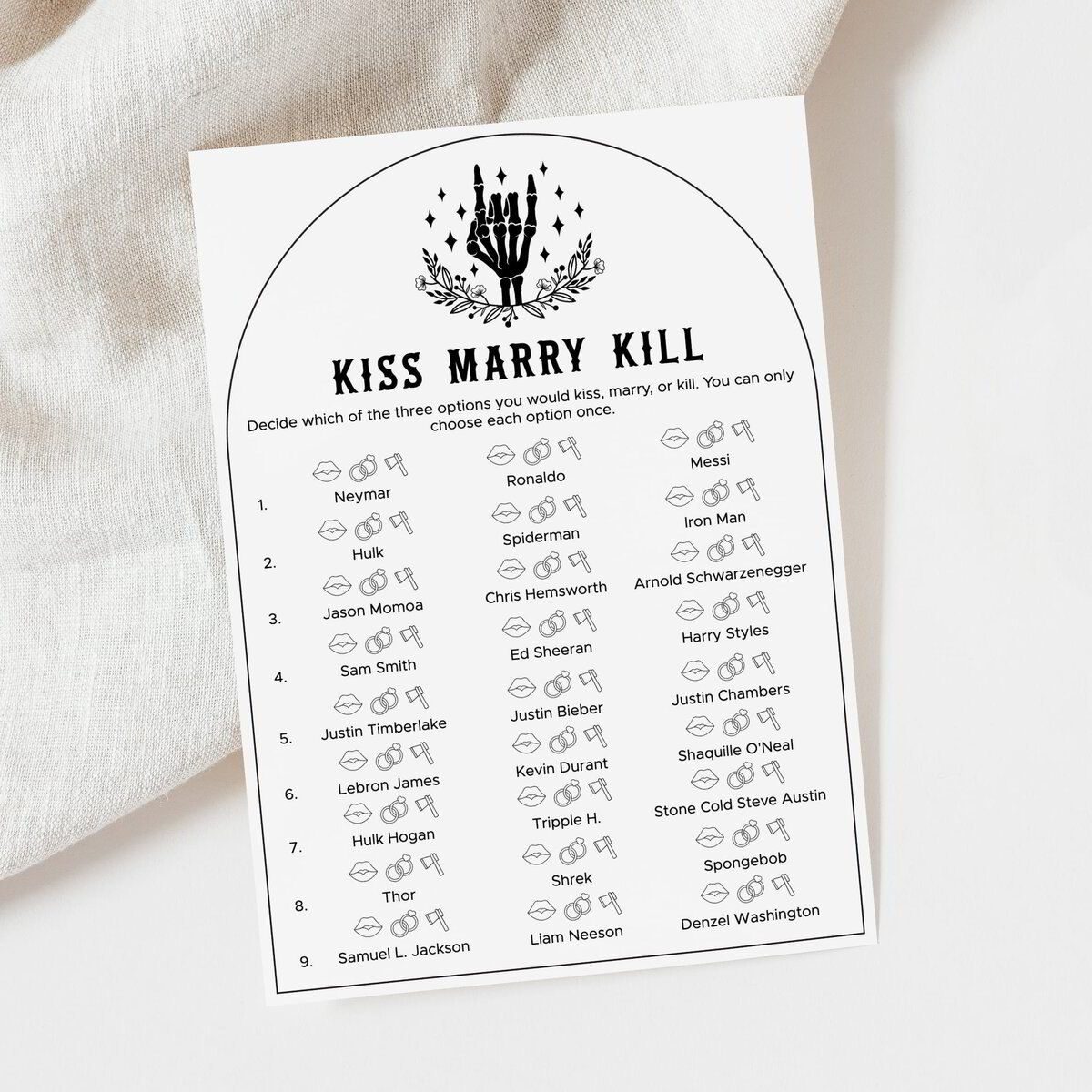Kiss Marry Kill Printable Unique Bachelorette Party Game