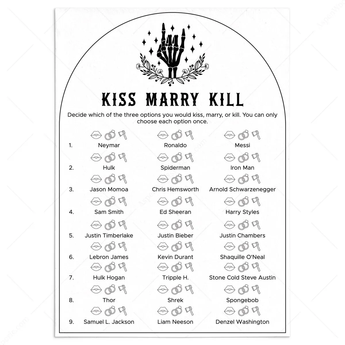 Kiss Marry Kill Printable | Unique Bachelorette Party Game