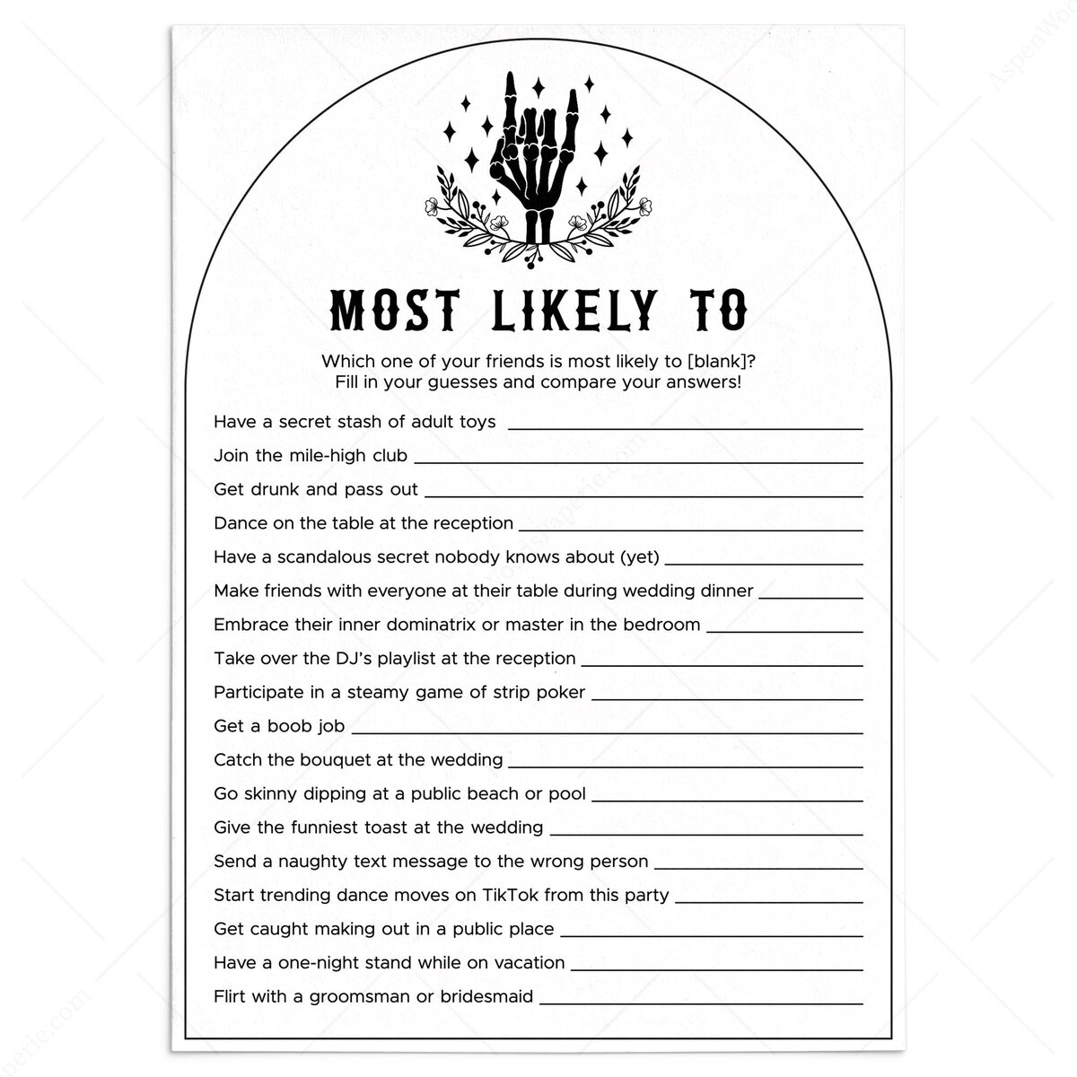 Naughty Bachelorette Most Likely To Questions Sheet | Printable