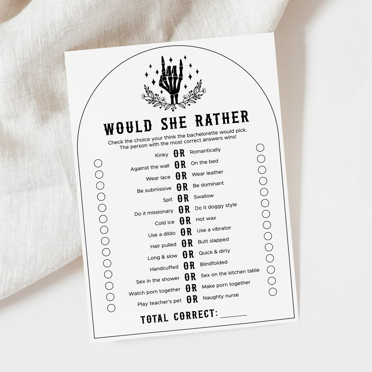 Would She Rather Bachelorette Game Printable | Skeleton Theme