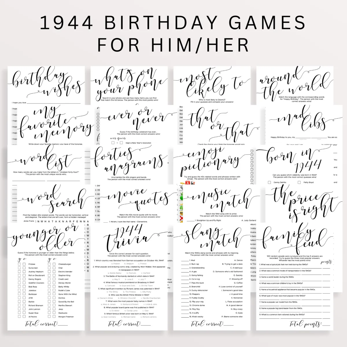 1944 Birthday Kit With 20 Editable Birthday Games Bundle