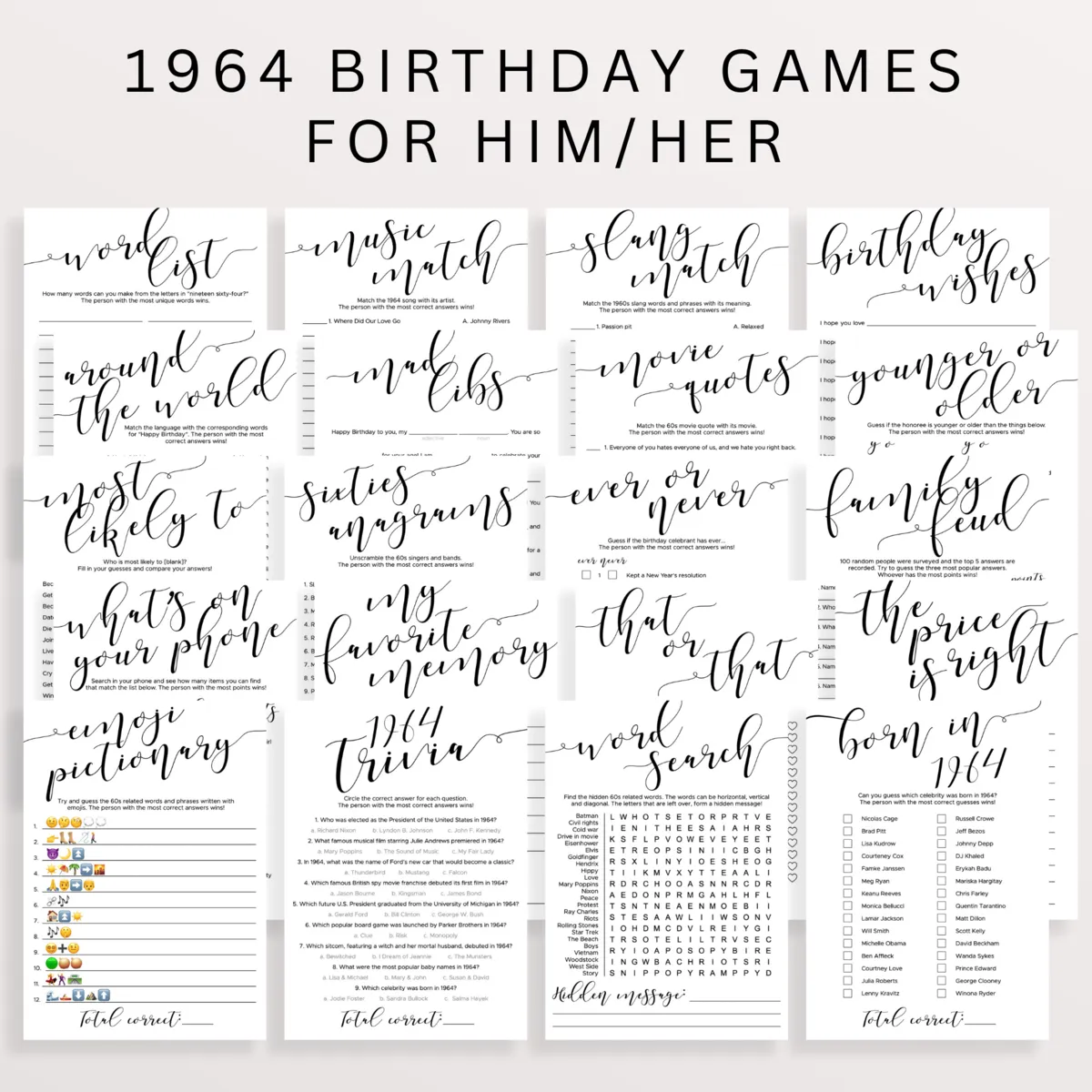 Black and White Born in 1964 Birthday Games Templates