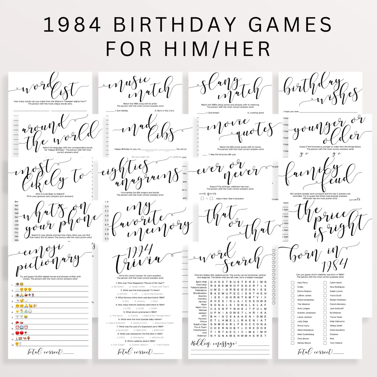 Born in 1984 Birthday Games Pack for Men and Women