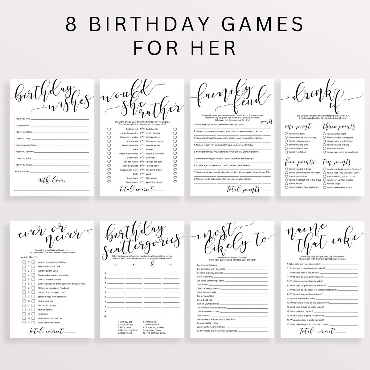 Black and White Birthday Game Templates