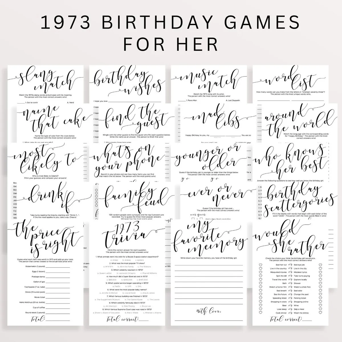 Black and White Birthday Party 1973 Games Bundle