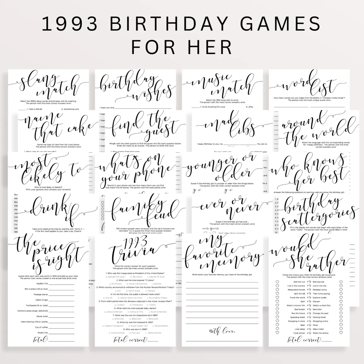 Elegant 1993 Birthday Party Games Bundle for Her