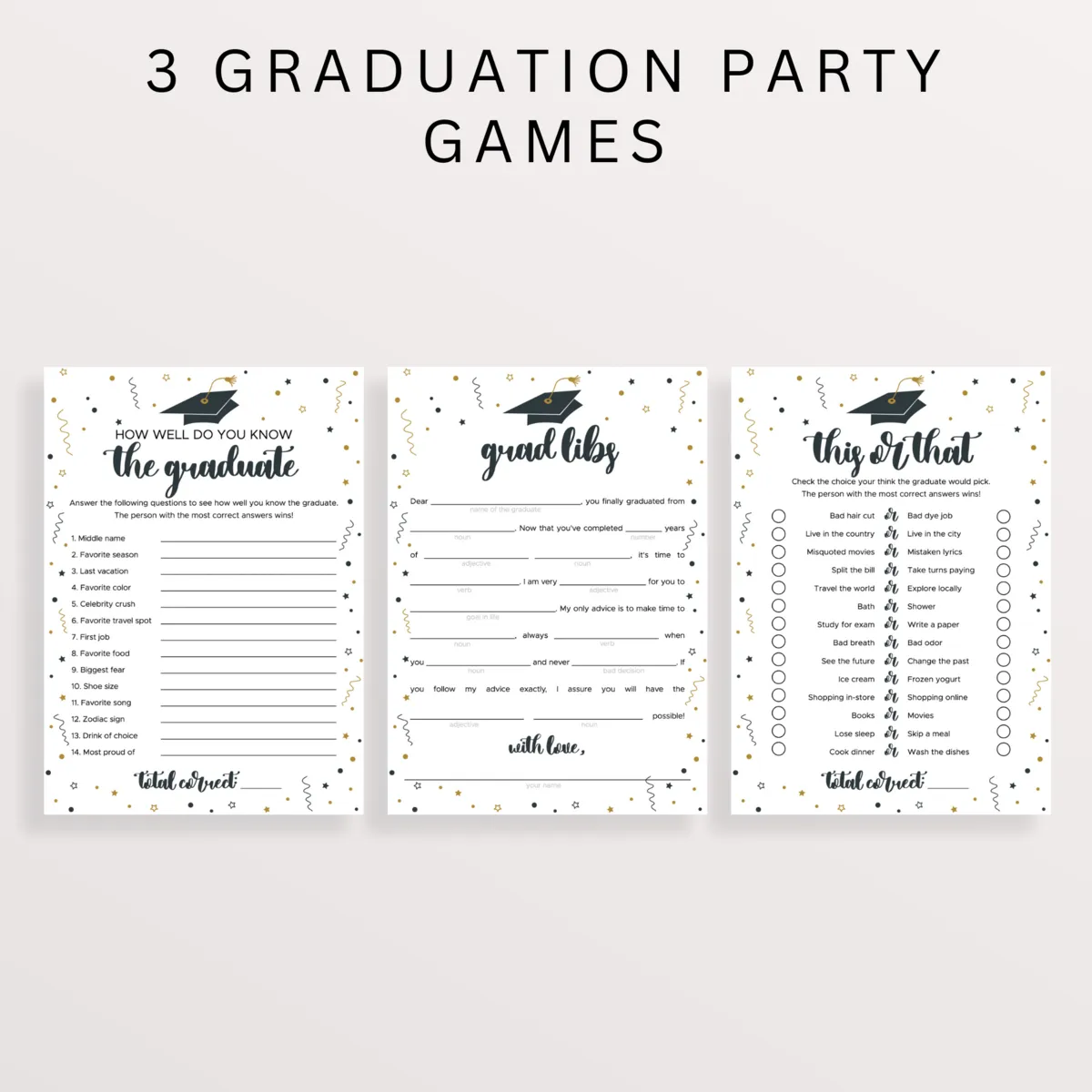 Editable Graduations Party Games Bundle | Black and Gold