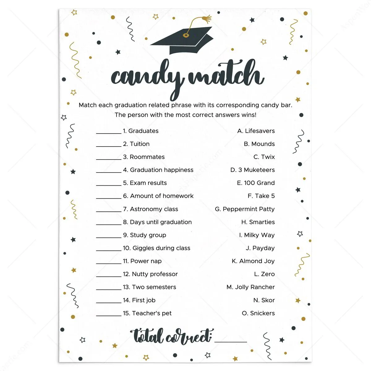 Candy Match Game for Black and Gold Grad Party Activity Idea