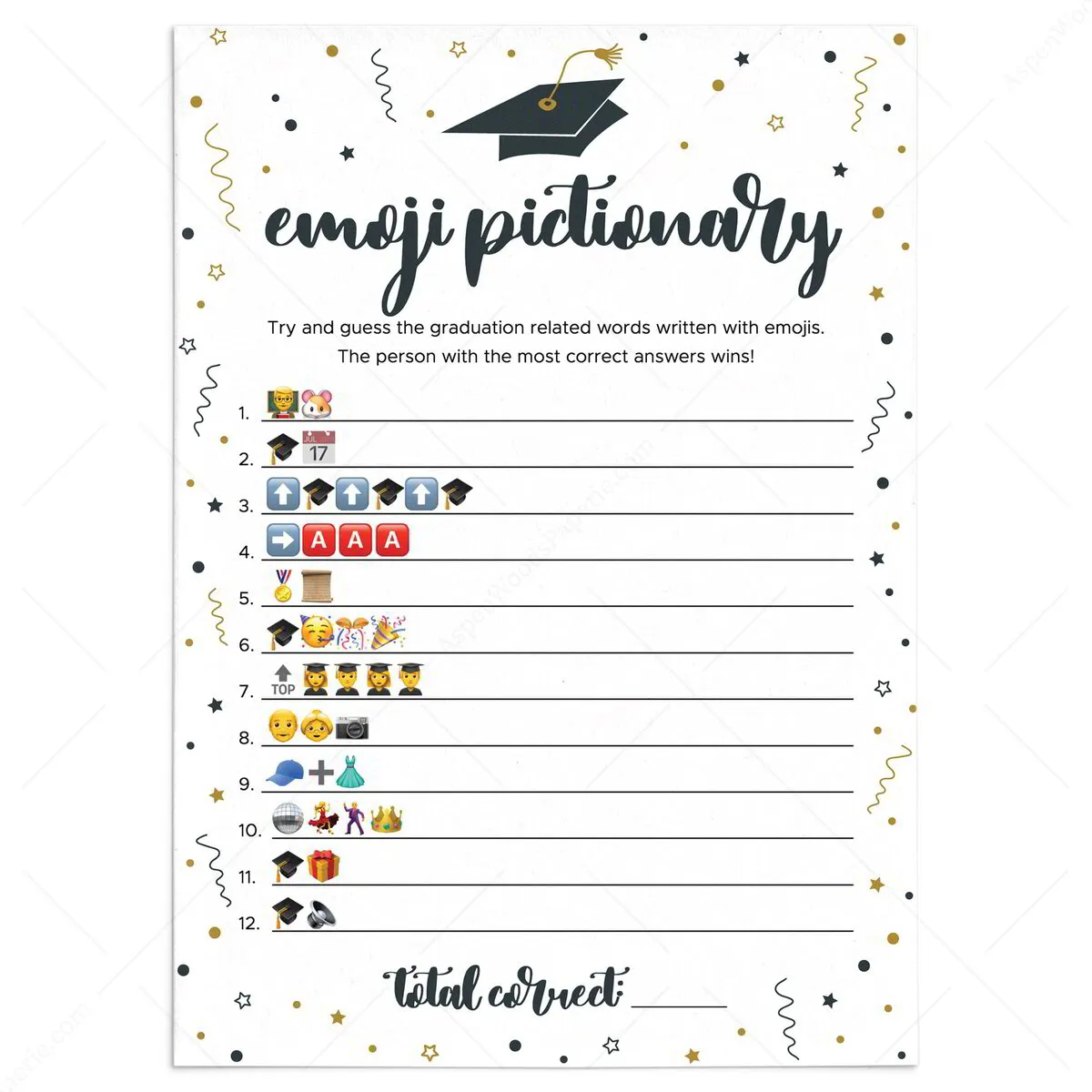 Black and Gold Graduation Emoji Pictionary Game Printable