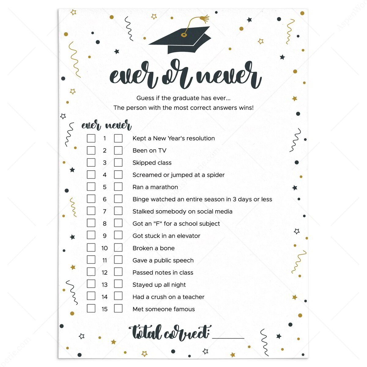 Has The Grad Ever Graduation Party Game - 25 Cards With Answer Key, Black & Gold Design - View #6
