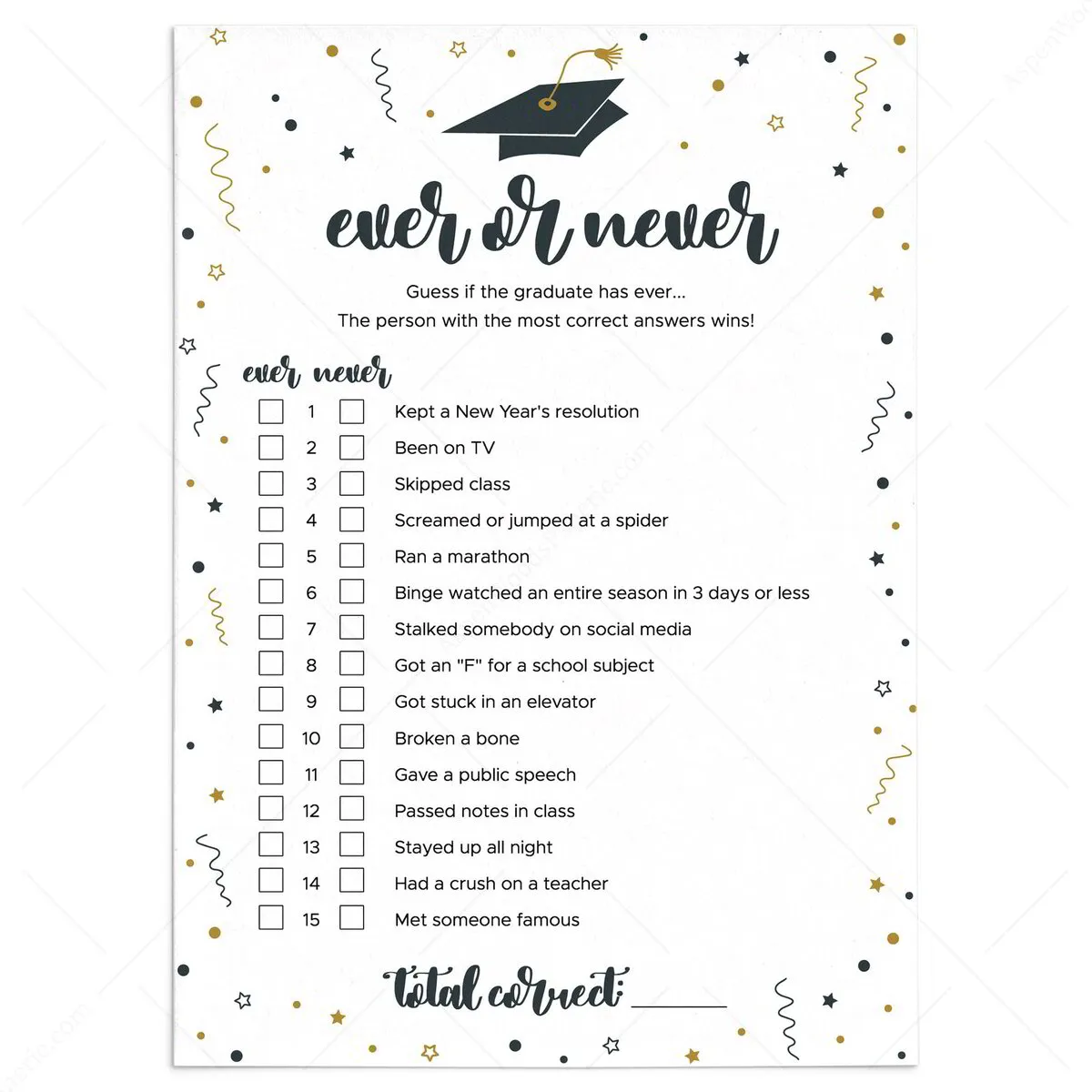 Funny Never Have I Ever Graduation Party Game | Printable