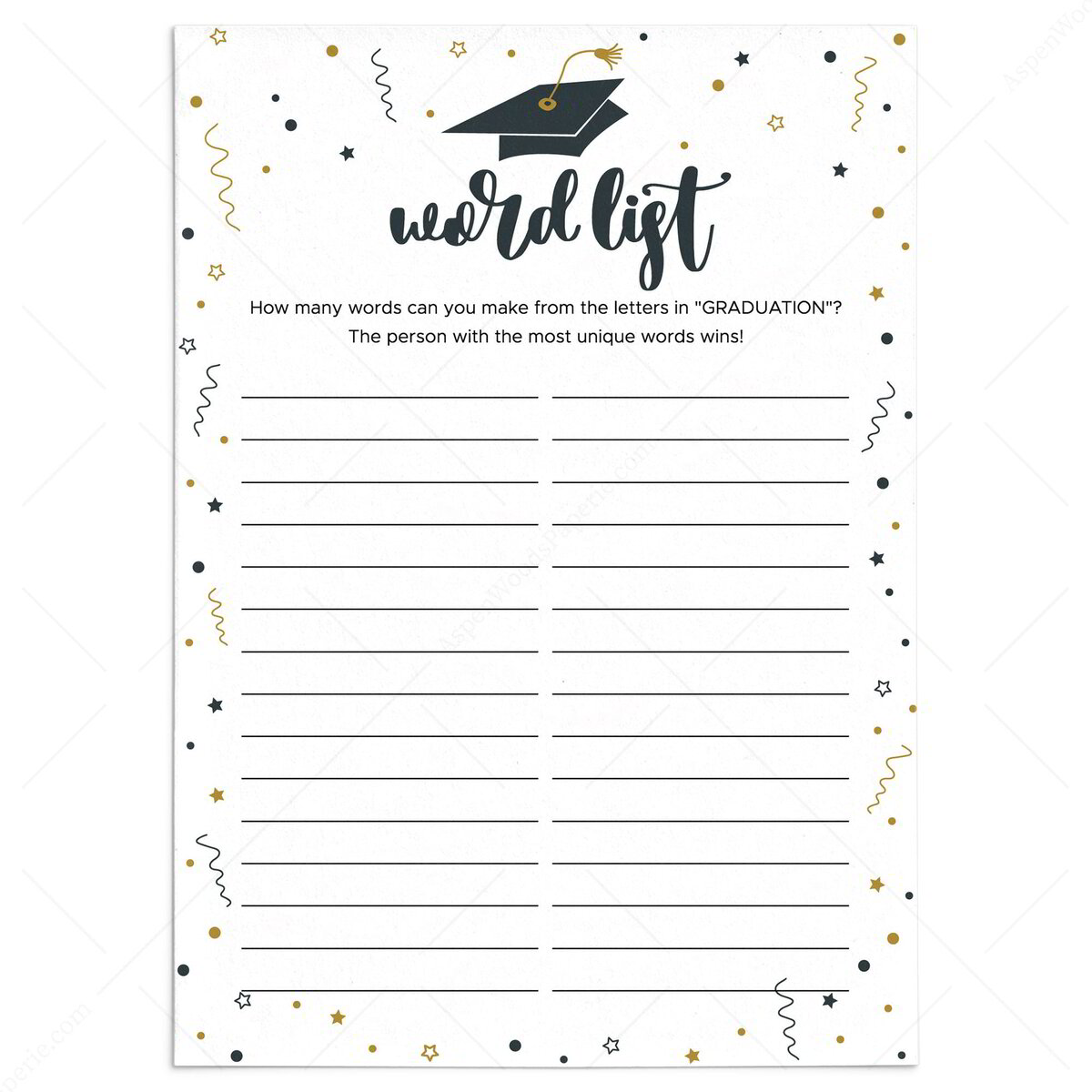 Word List | Graduates Party Game Printable | Black and Gold