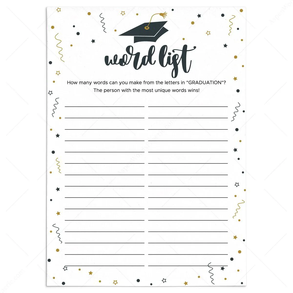 Black and Gold Word List Graduates Party Game Printable