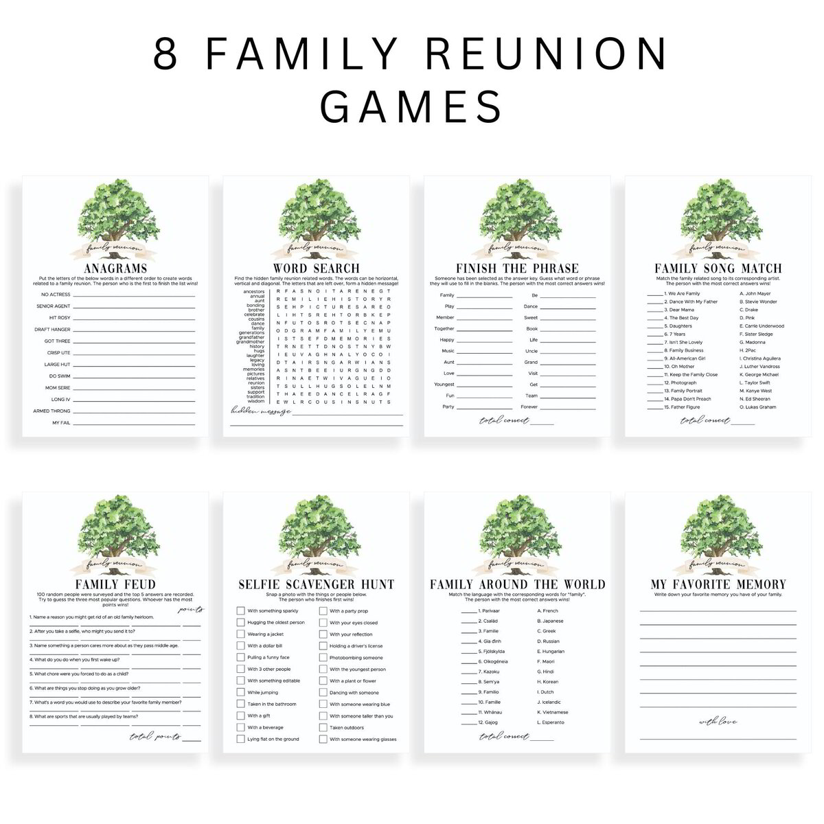 Botanical Family Reunion Games Pack for Groups | Editable Templates