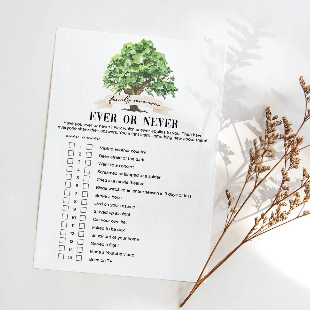 Ever or Never Game for Family Gatherings Printable