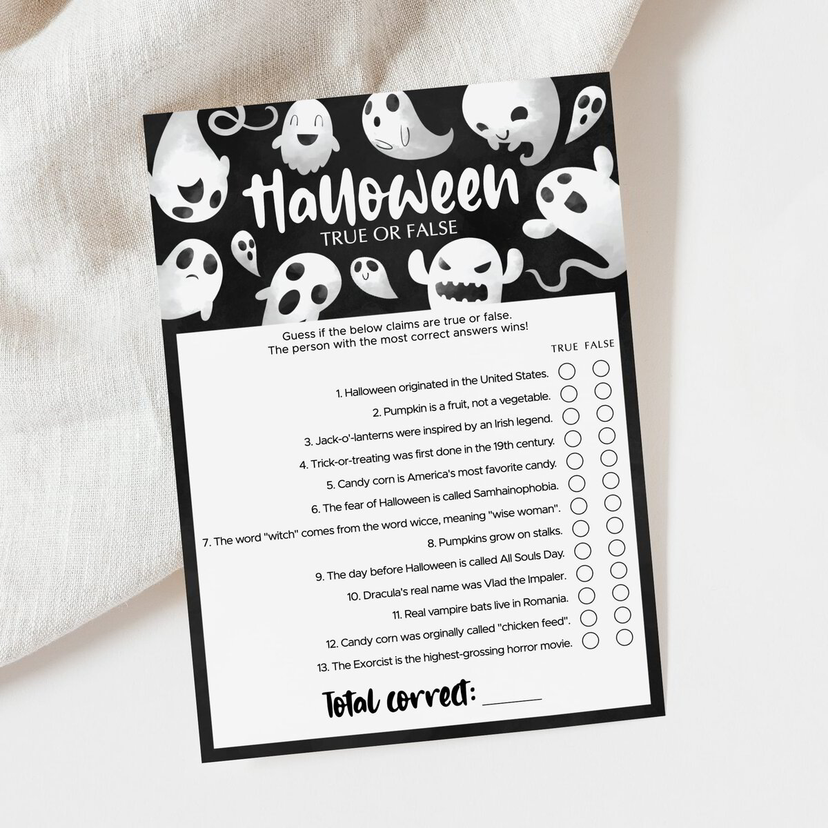 True or False Halloween Quiz for Kids and Adults Printable Game