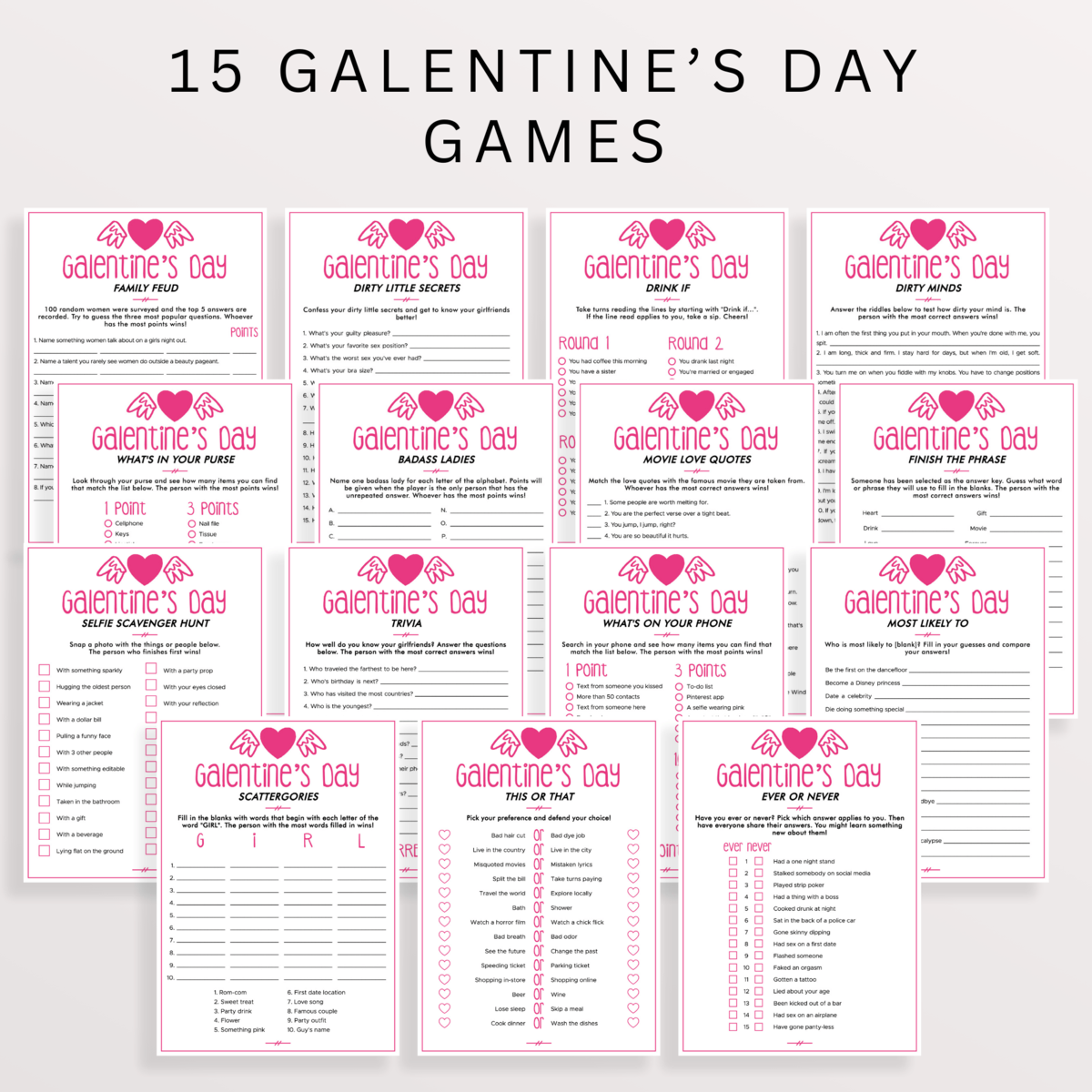 Pink Galentines Games Bundle | 15 Editable Templates