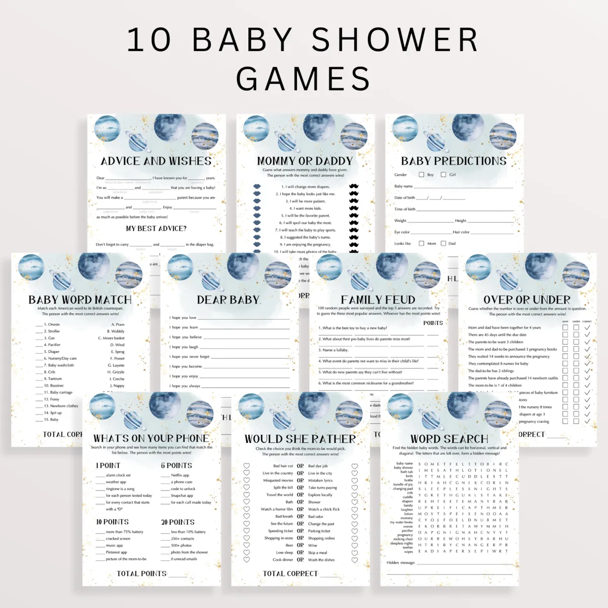 Outer Space Baby Shower Theme Games Bundle | Editable Games