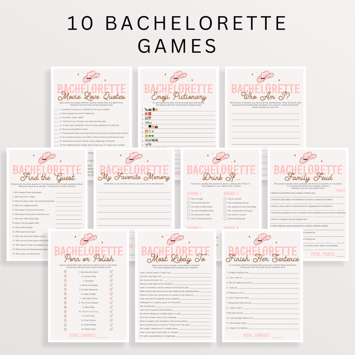 Cowgirl Themed Bachelorette Party Games Templates | 10 Editable Games