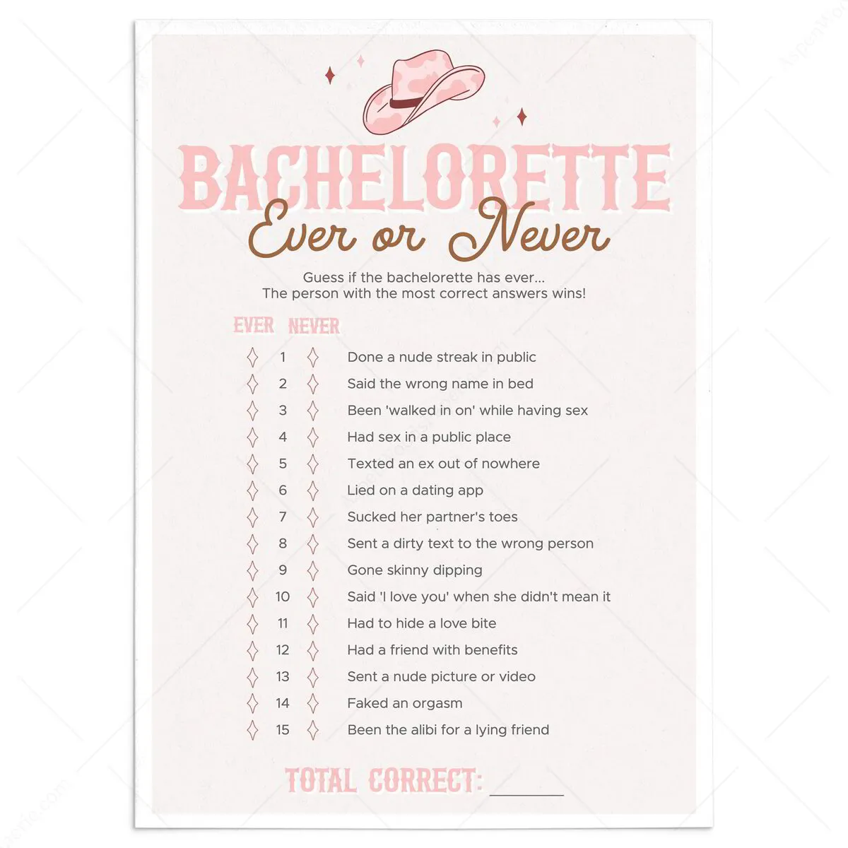 Ever or Never | Nashville Themed Bachelorette Party Game Printable