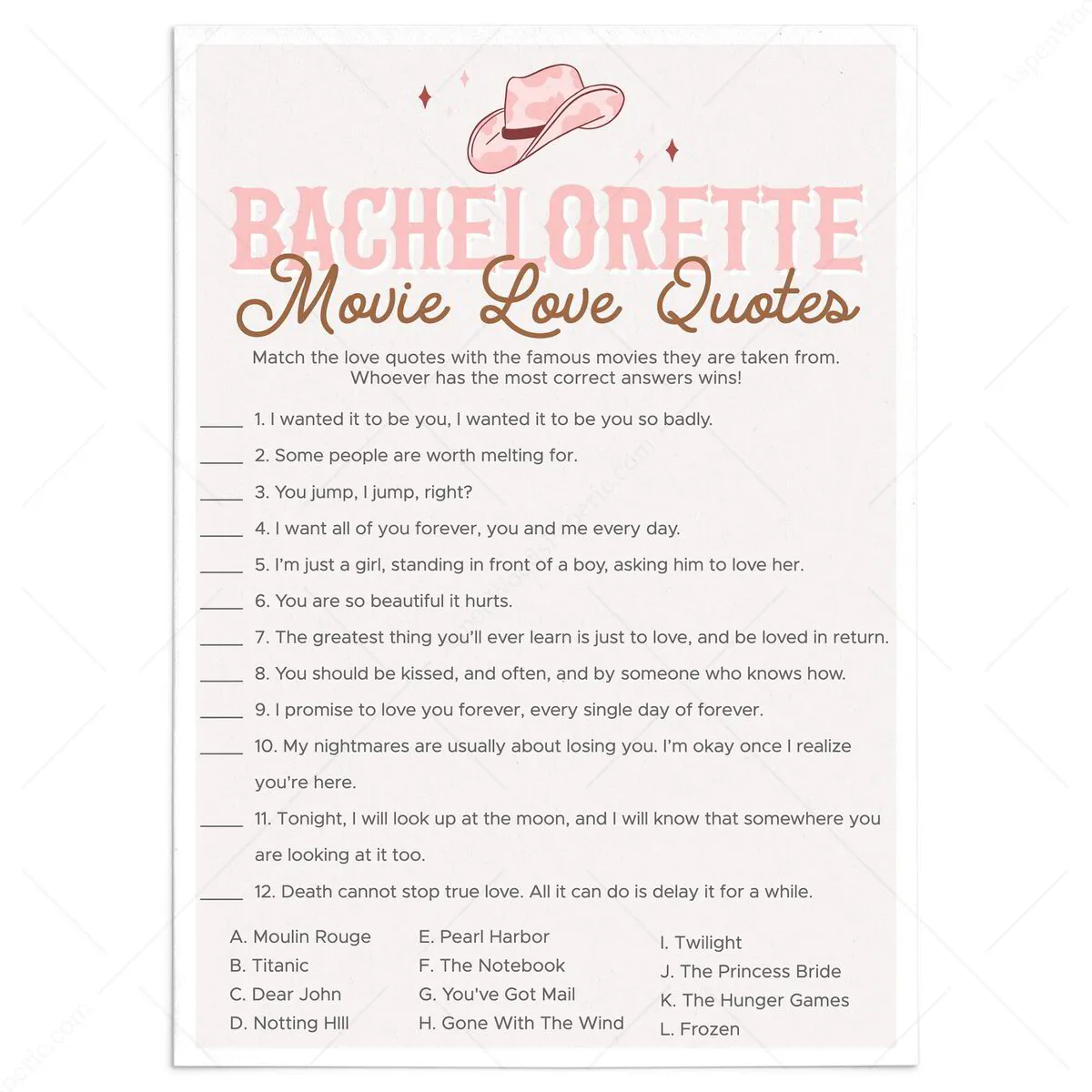 Rom Com Movie Love Quotes Game | Western Bach Party Idea