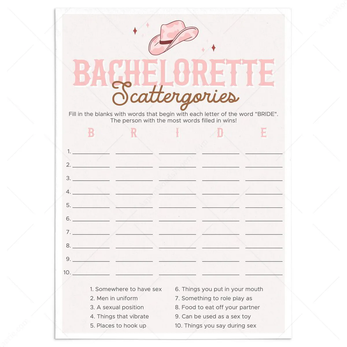 Scattergories Game Printable | Wild West Bachelorette Party Theme