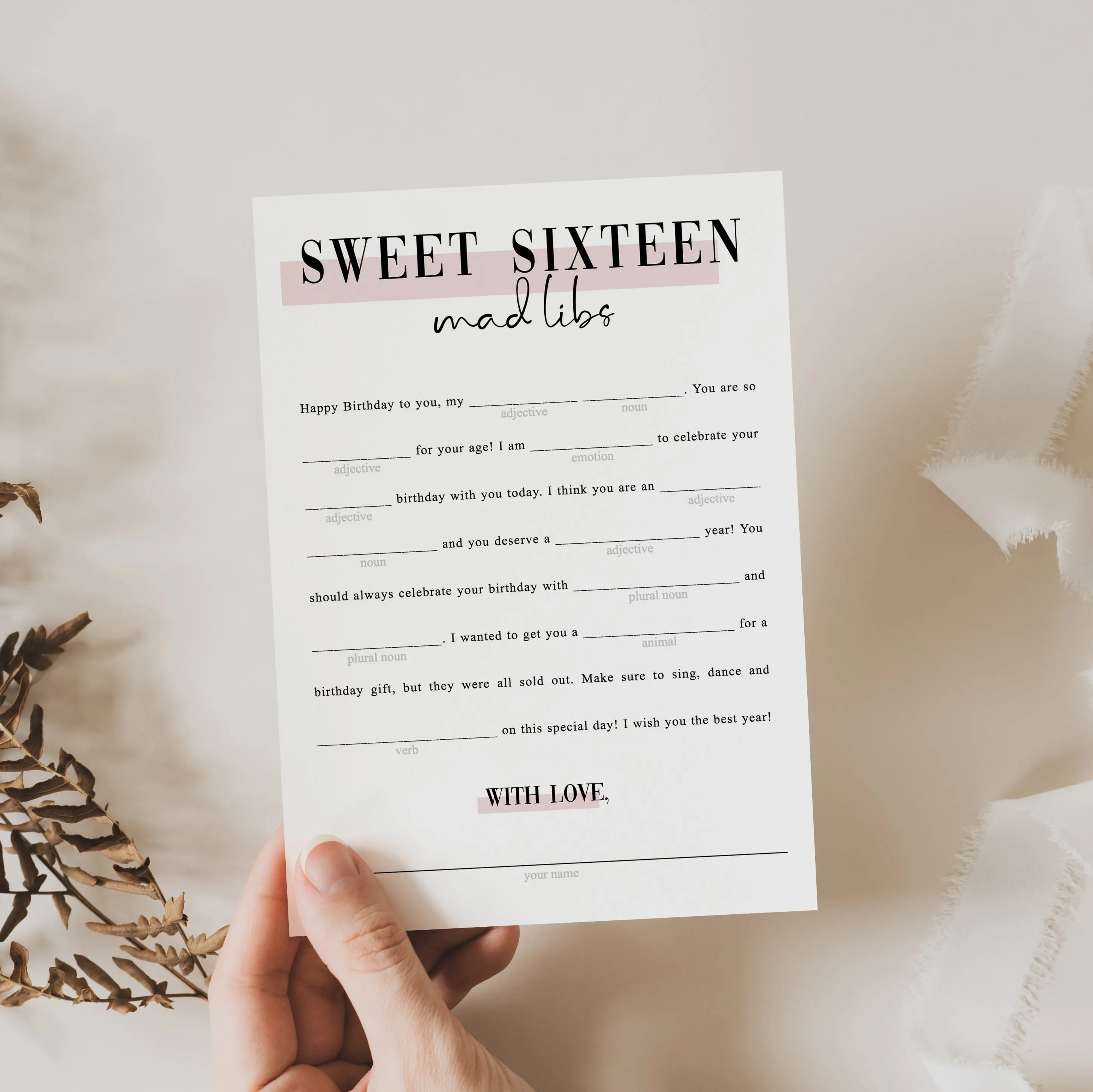 Black Pink Sweet 16 Mad Libs Game | Printable Birthday Activity