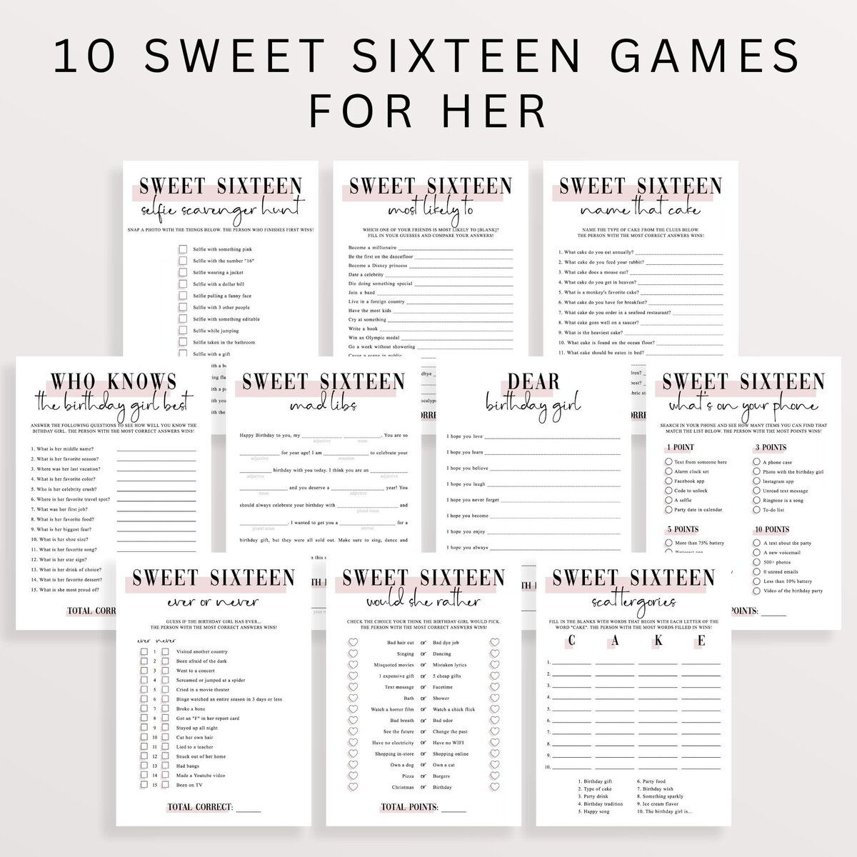 Modern Pink Sweet 16 Party Games | Editable Templates