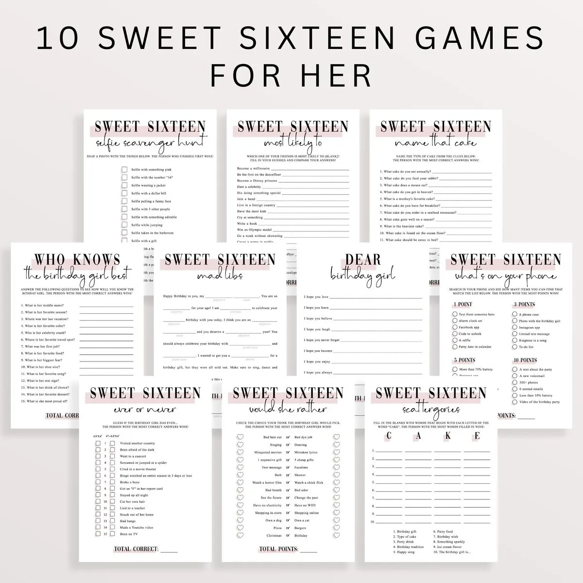 Modern Pink Sweet 16 Party Games | Editable Templates