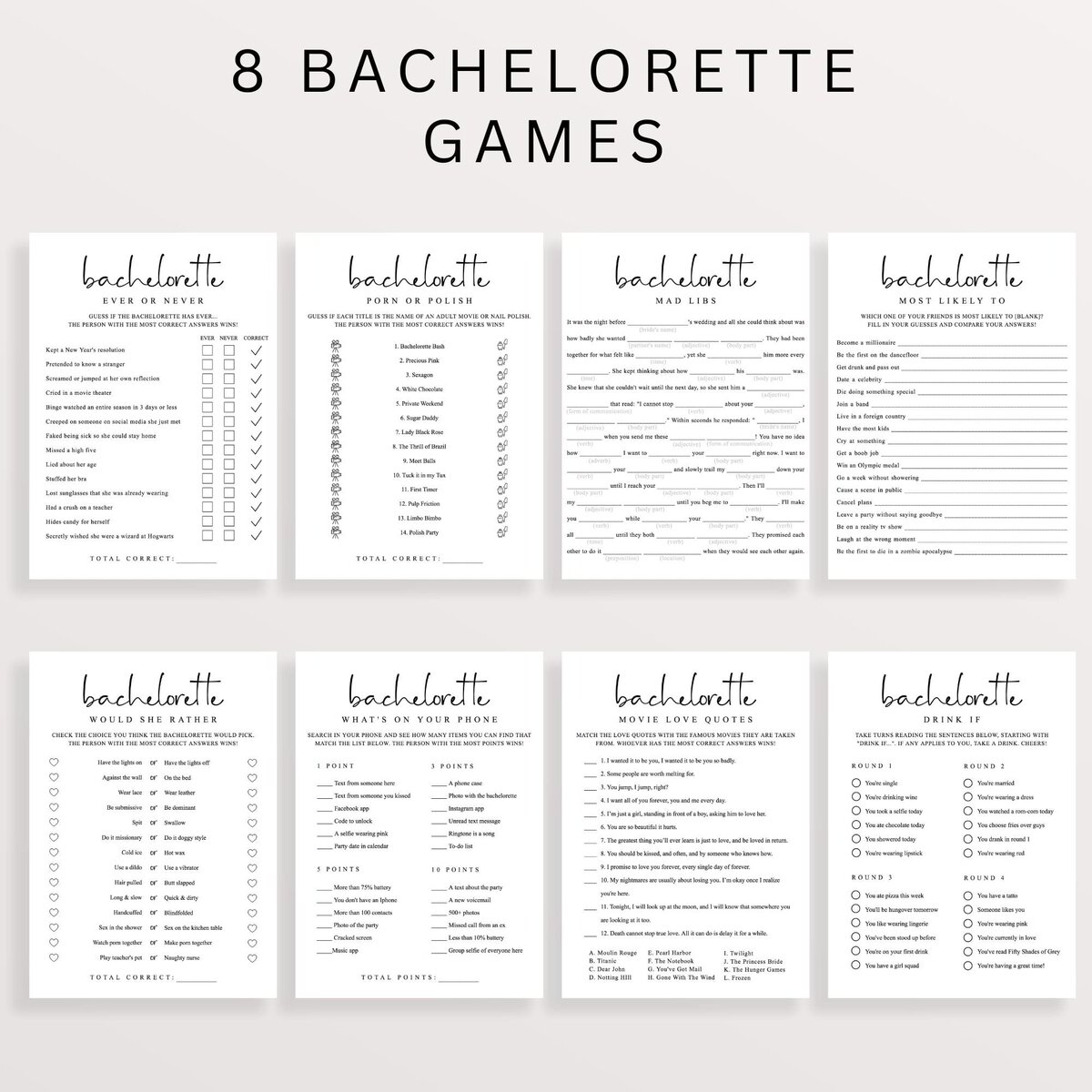 8 Minimalist Bachelorette Games for Adults | Aspen Woods Paperie