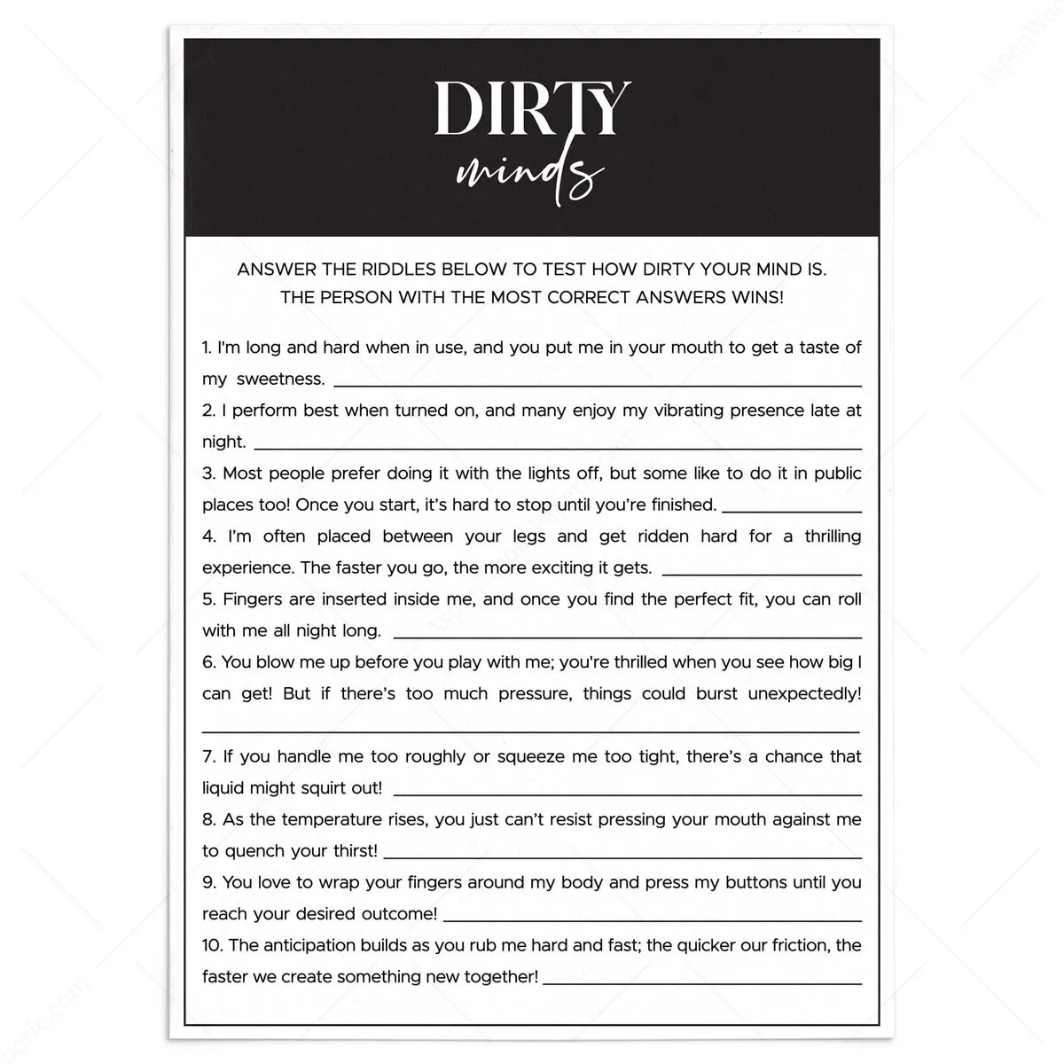 Dirty Minds Card Bachelorette Party Game Printable