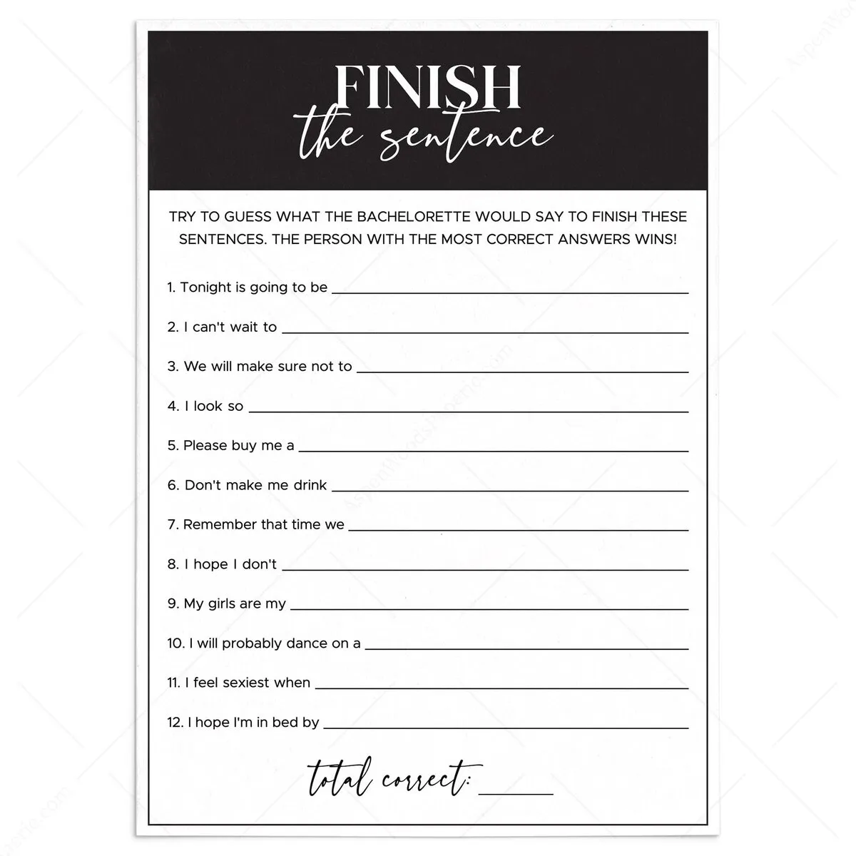 Finish the Sentence Game | Black and White Theme Hen Party