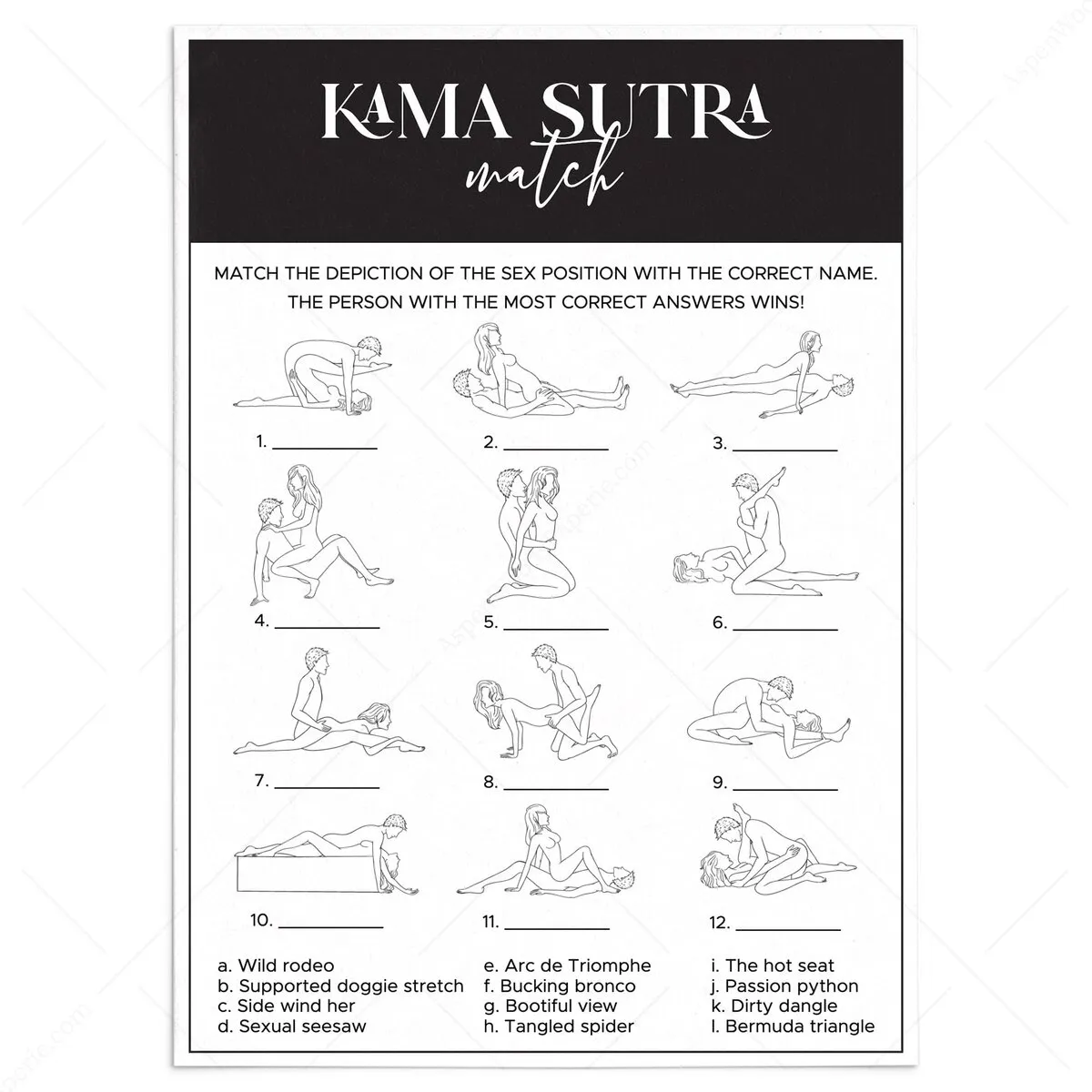 Naughty Kama Sutra Matching Game for Bachelorette Party | Printable