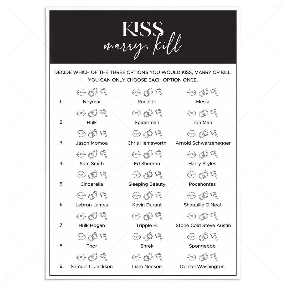 Who Would You Kiss Marry Kill Game | Bachelorette Party Ideas