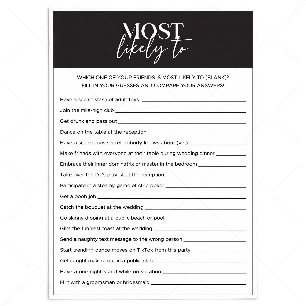 Dirty Most Likely To Questions List | Bach Party Game Printable