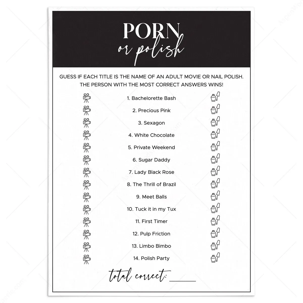 Chic Bachelorette Party Porn or Polish Game | Instant Download