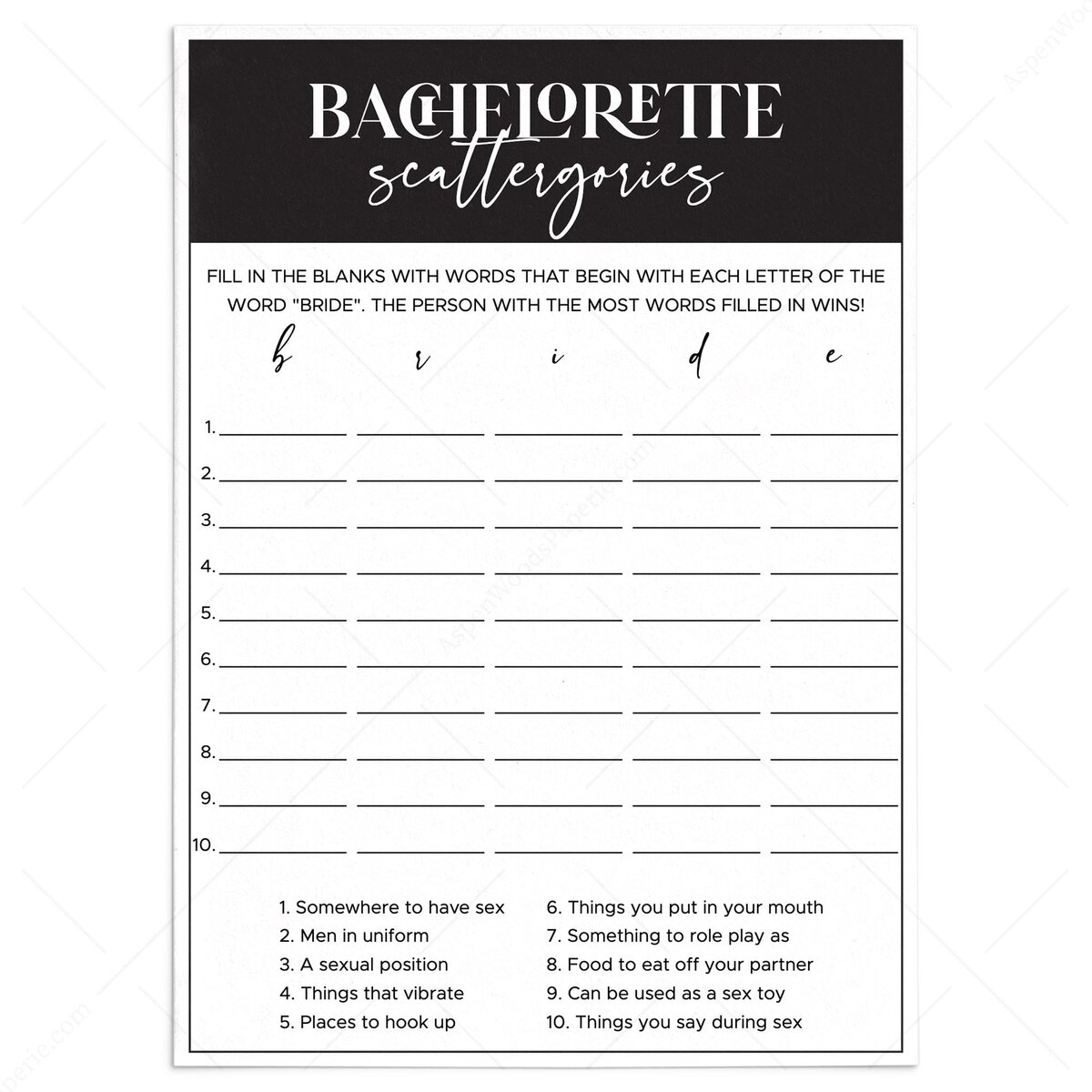 Bachelorette Scattergories Categories Game | Instant Download