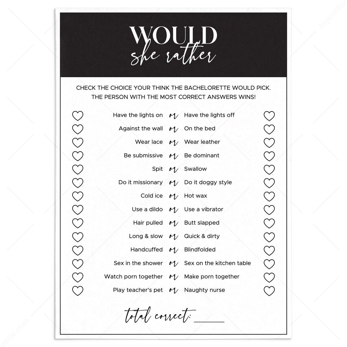 Dirty Would She Rather Questions | Bachelorette Weekend Game Ideas